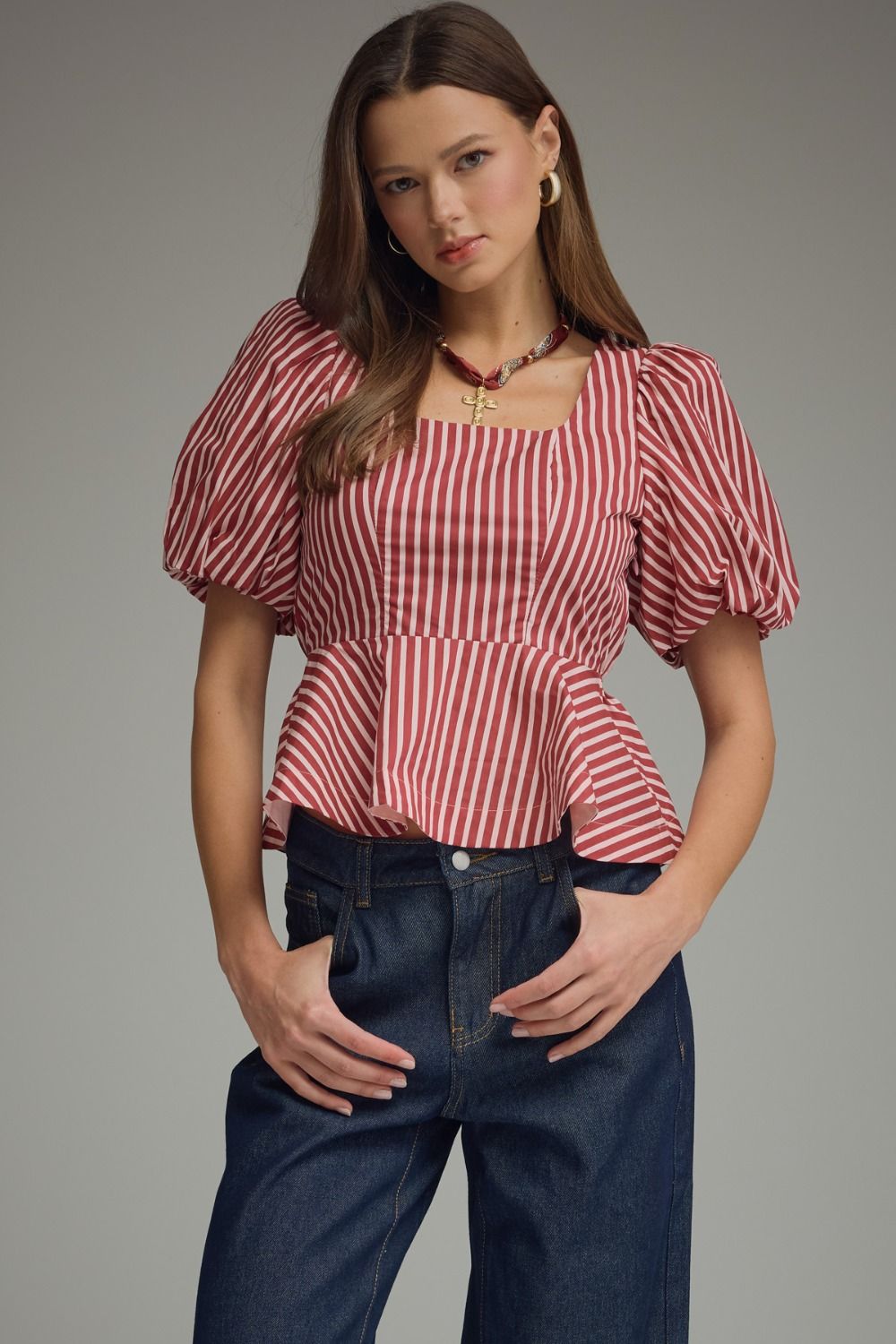 Burgundy Stripe Puff Sleeve Top