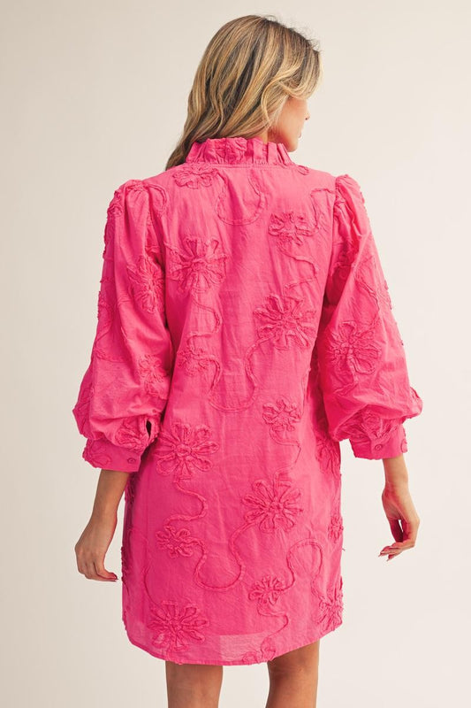 Button Down 3D Floral Dress In Bubble Gum
