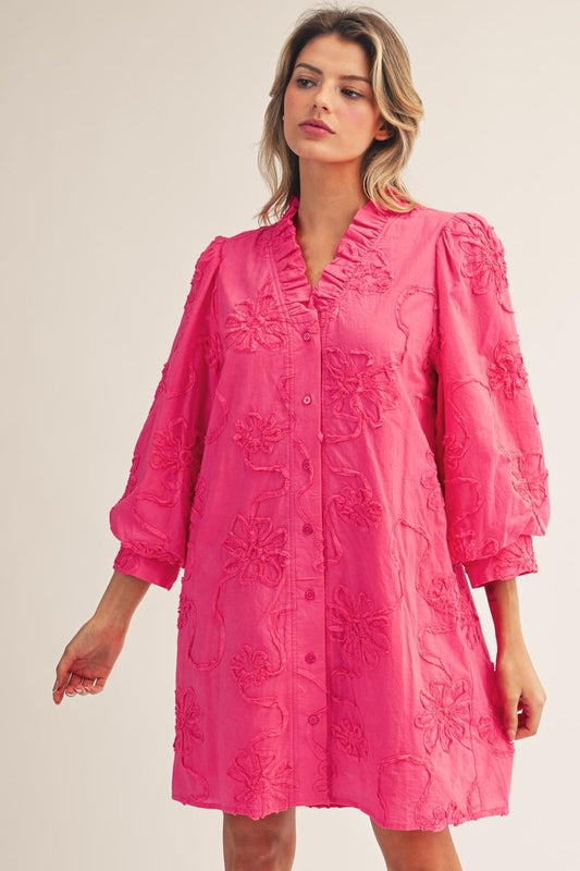 Button Down 3D Floral Dress In Bubble Gum