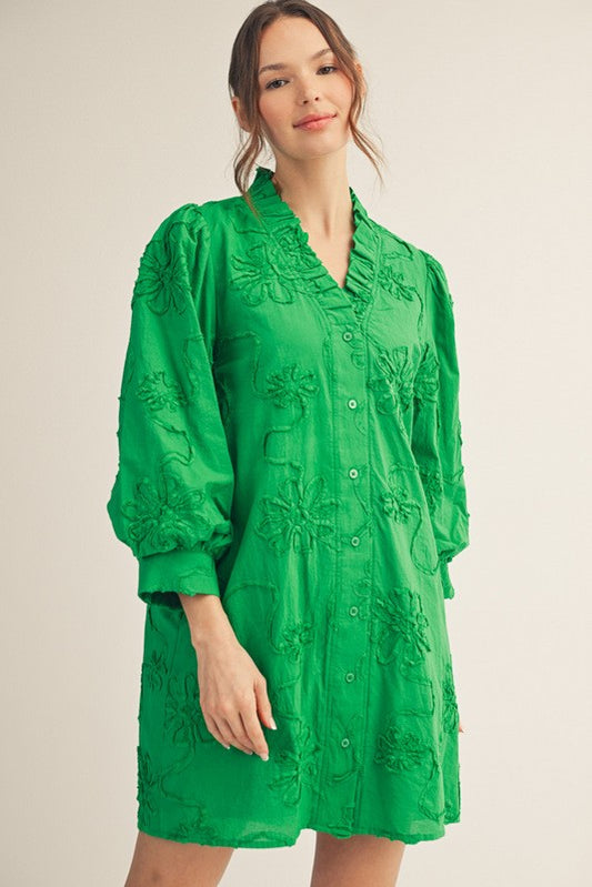Button Down 3D Floral Dress In Kelly Green
