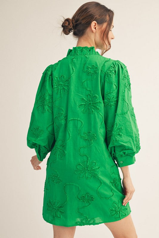 Button Down 3D Floral Dress In Kelly Green