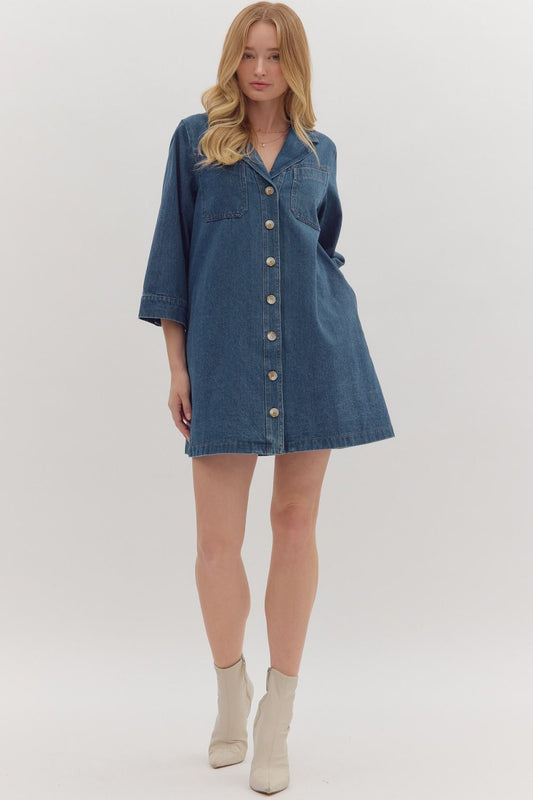 Button Down Denim Dress In Medium Denim