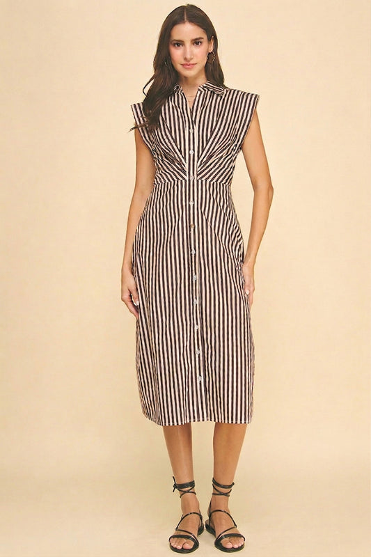 Button Down Midi Dress In Brown Stripe