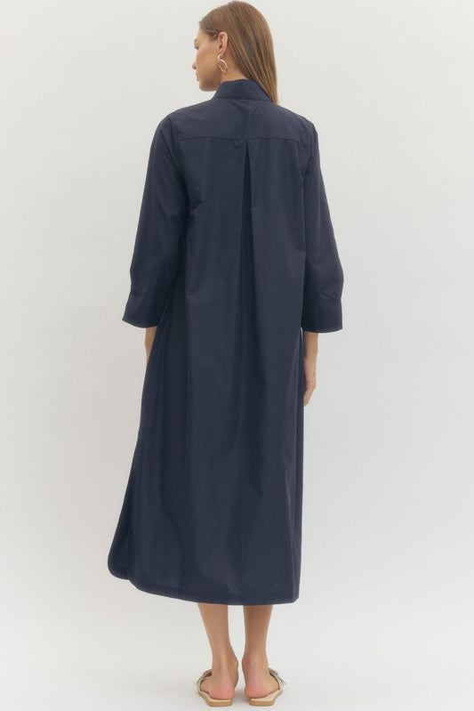 Button Front Midi Dress In Navy