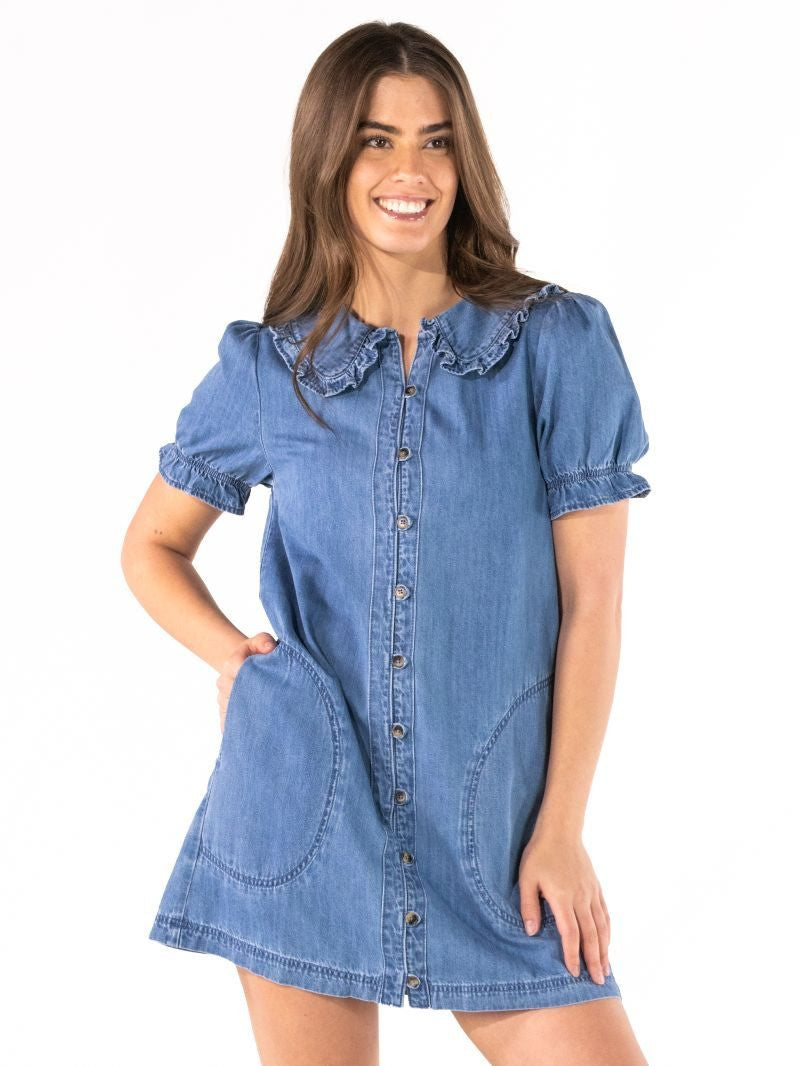 Button Up Denim Dress With Ruffle Collar
