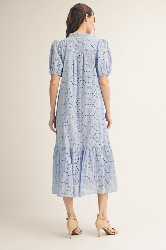 Button Up Eyelet Midi Dress In Blue