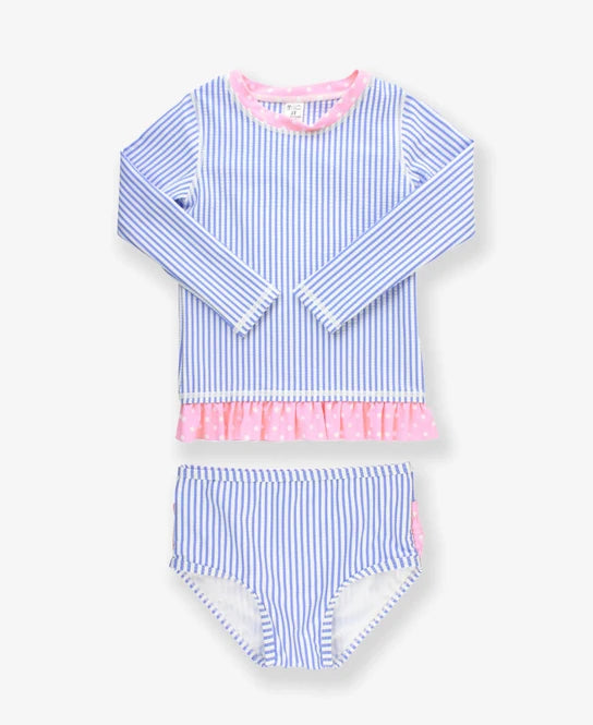 Rufflebutts Girls Periwinkle Blue Seersucker Rash Guard