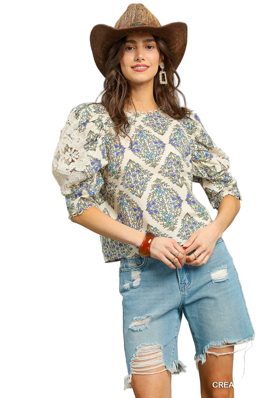 Vintage Floral Puff Sleeve Blouse In Cream