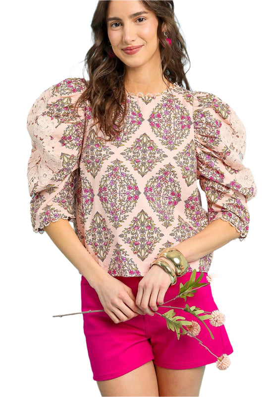 Vintage Floral Puff Sleeve Blouse In Pink