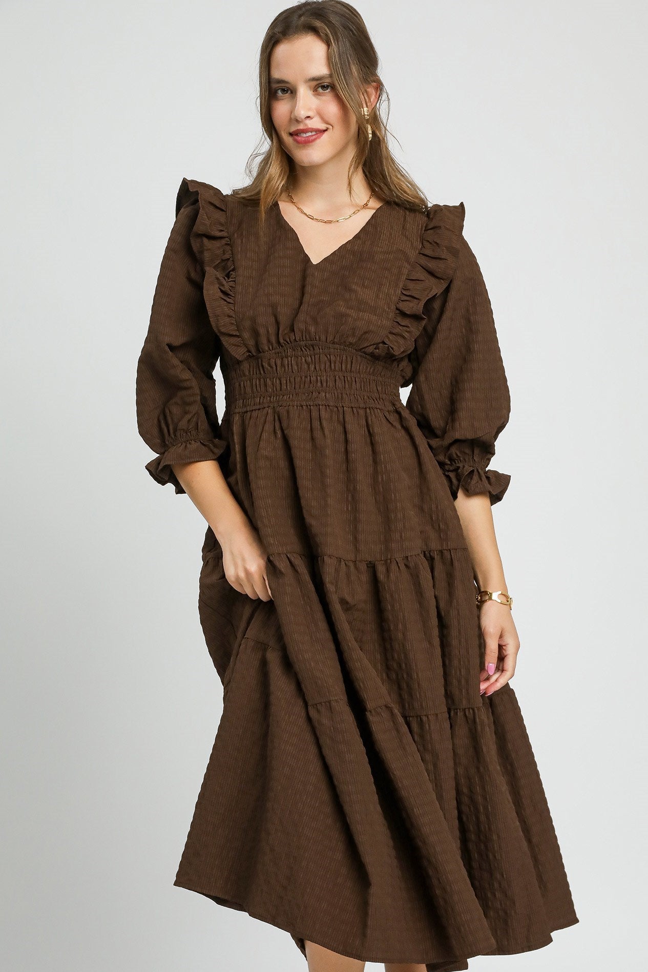 Smocked Tiered Maxi Dress In Brown