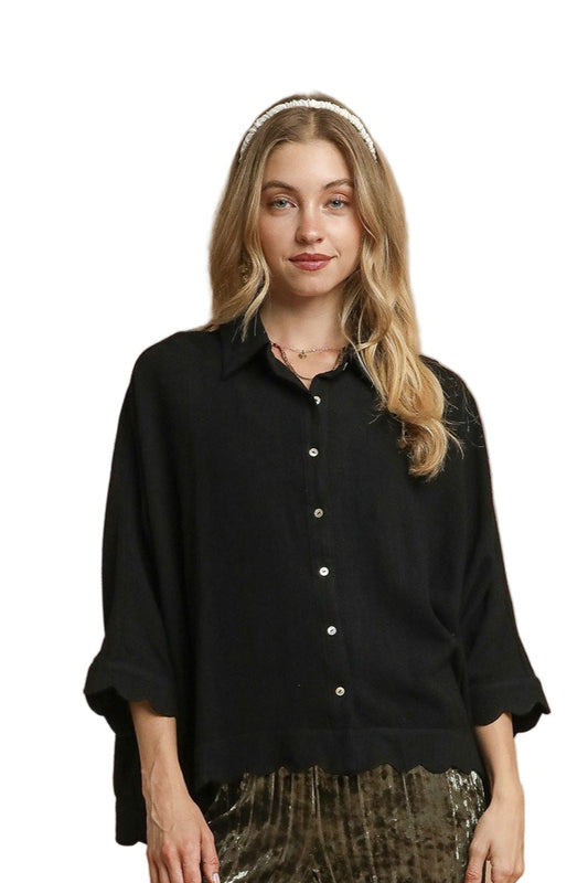 Scallop Hem Button Down Blouse In Black