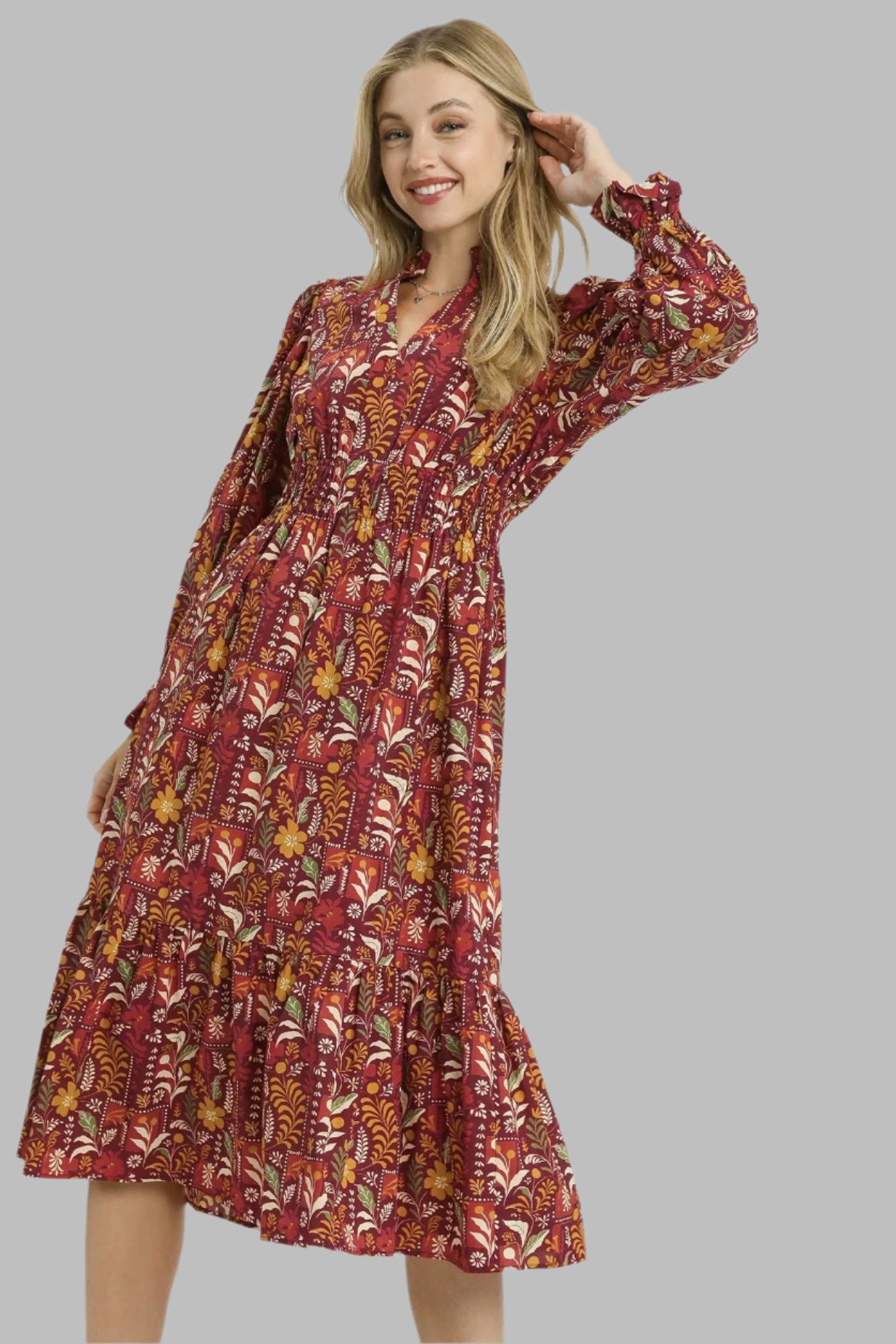 Burgundy Florals Midi Dress