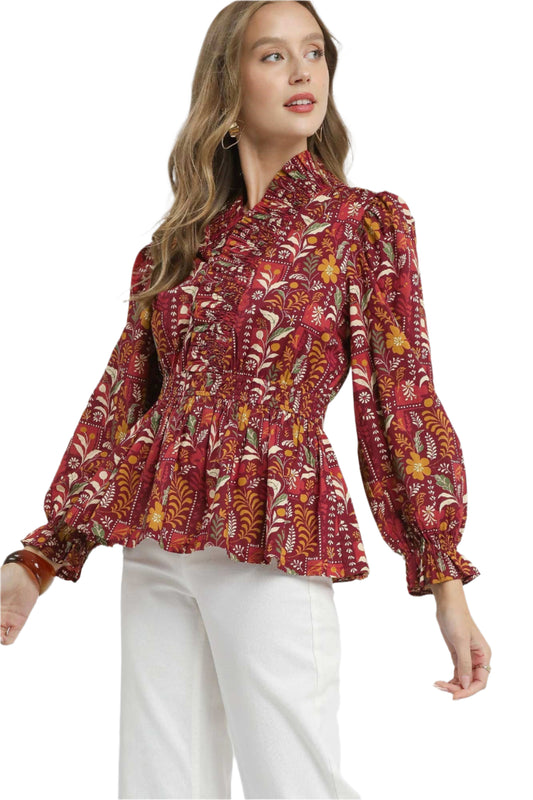 Burgundy Florals Puff Sleeve Blouse