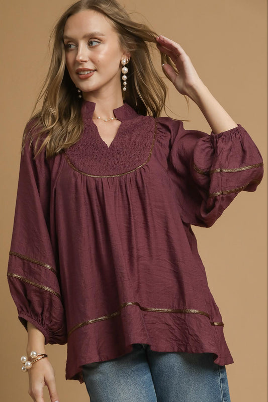 Yoke Piping Top In Merlot