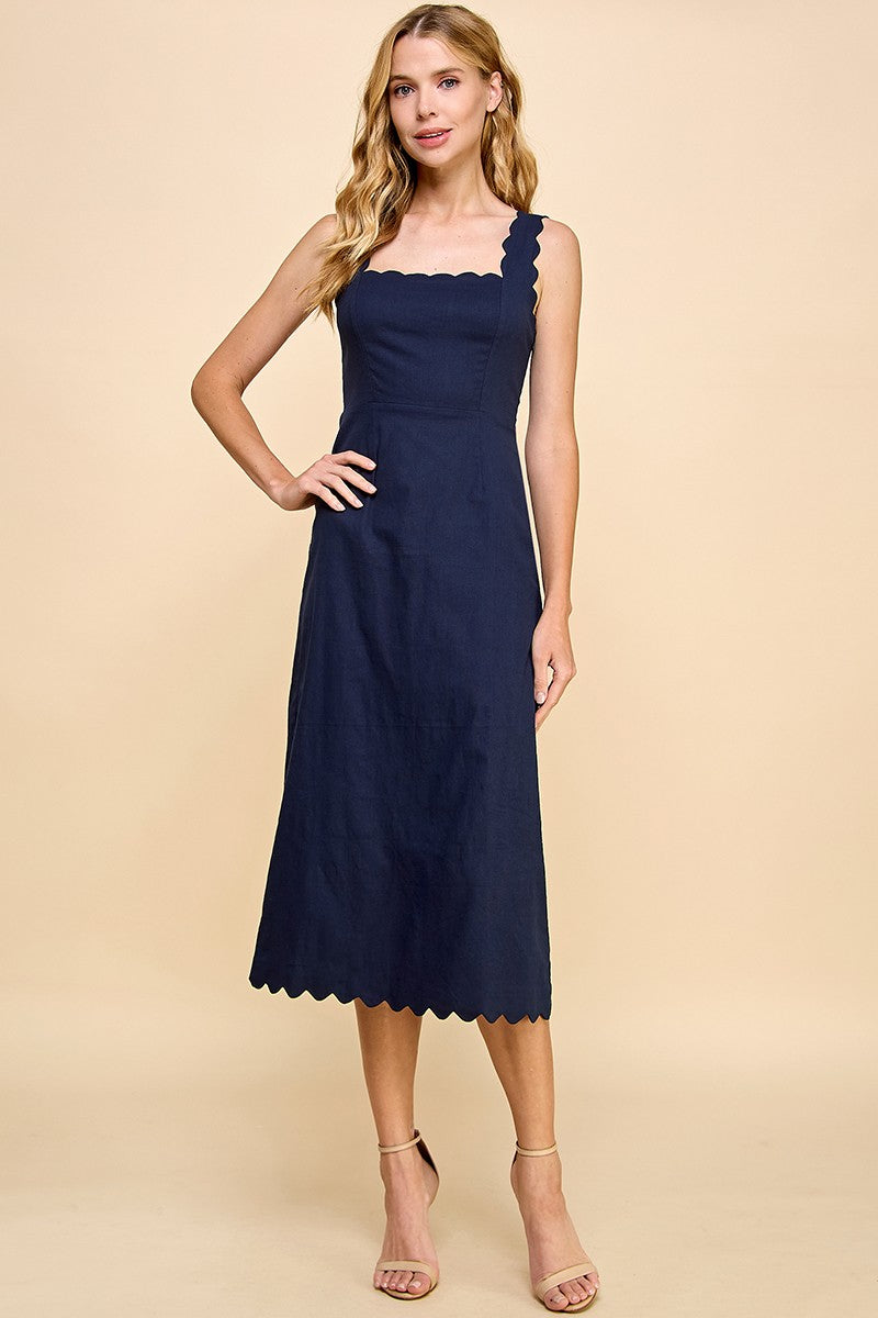 Navy Scallop Midi Dress