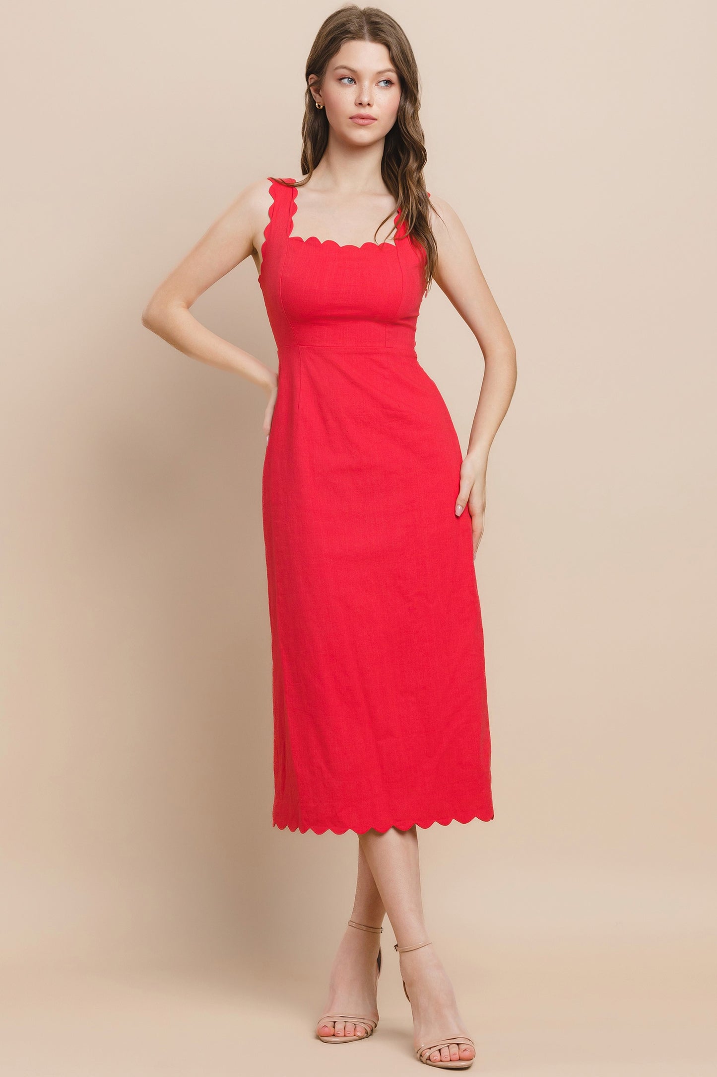 Red Scallop Midi Dress