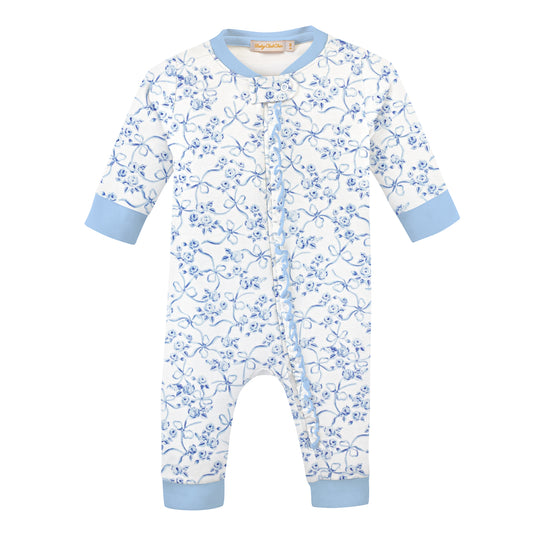 Baby Club Chic Blue Romantic Toile Printed Pima Zipped Coverall With Ruffles