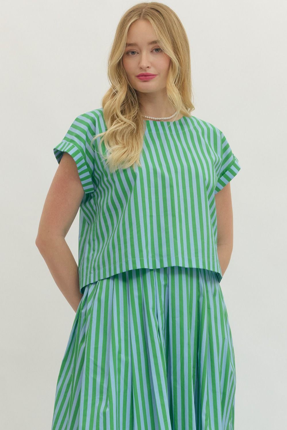 Cabana Stripe Button Back Top In Green Sky