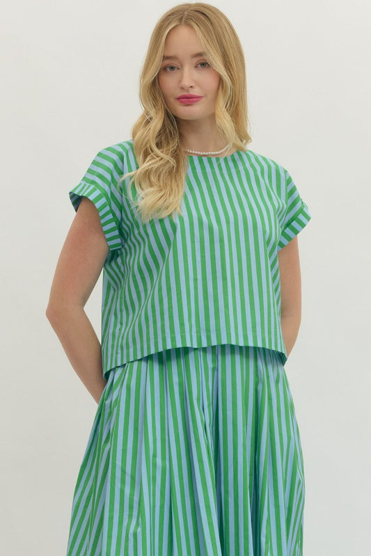 Cabana Stripe Button Back Top In Green Sky