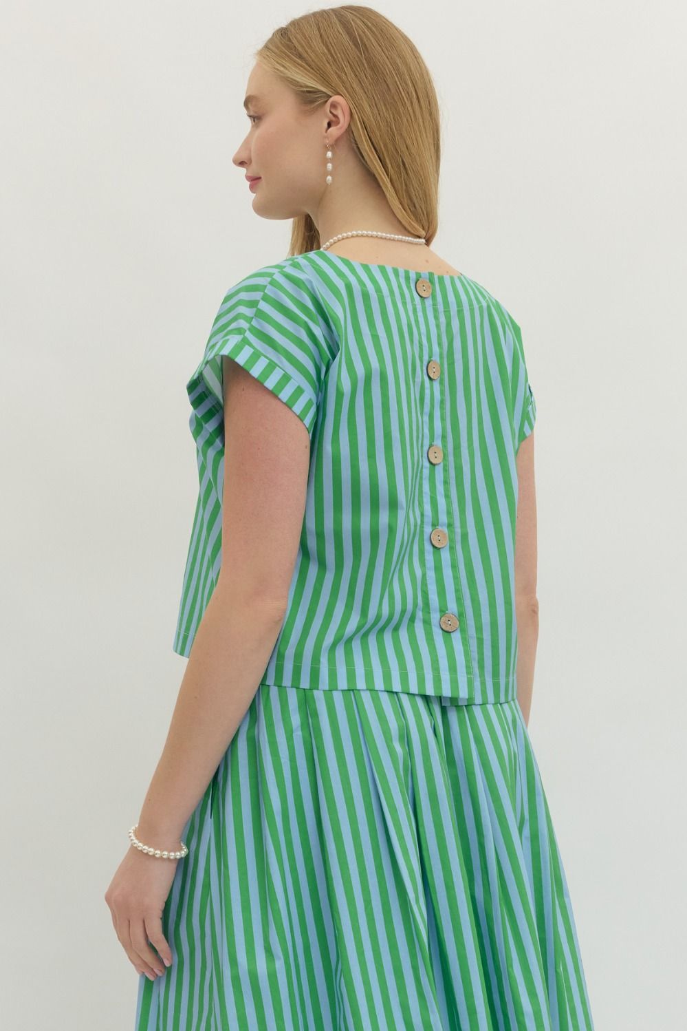 Cabana Stripe Button Back Top In Green Sky