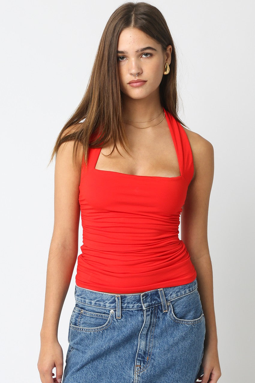 Camila Strapless Ruche Halter Top Red