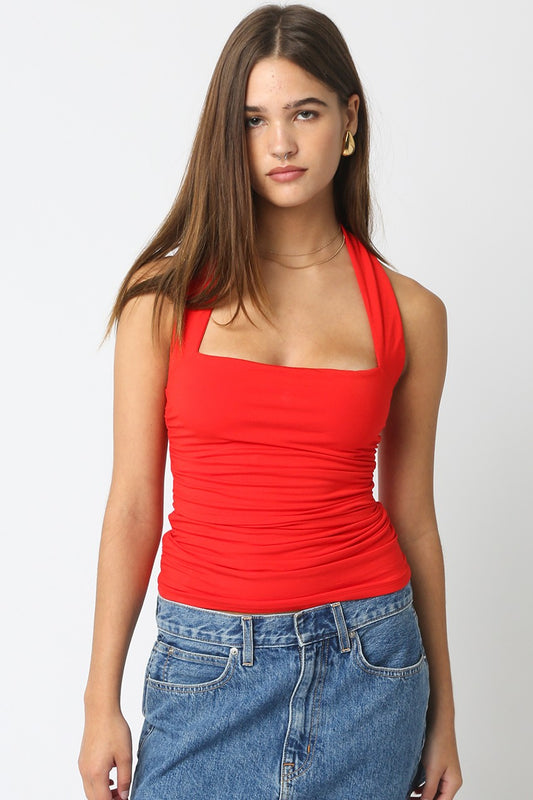 Camila Strapless Ruche Halter Top Red