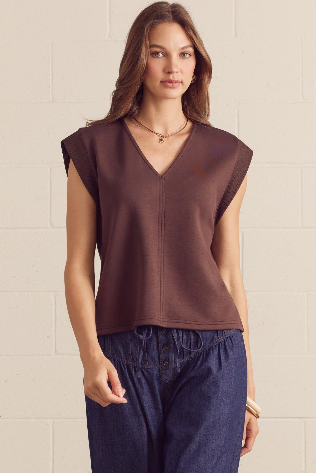 Cap Sleeve V-Neck Top In Brown