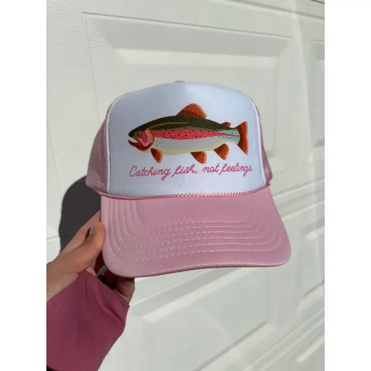Catching Fish, Not Feelings Trucker Hat In Pink & White