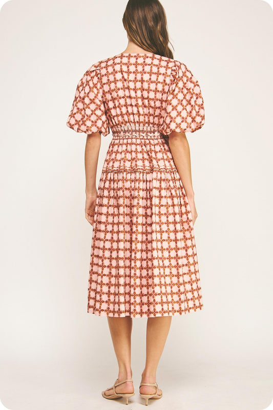 Chainlink Printed Puff Sleeve Midi Dress