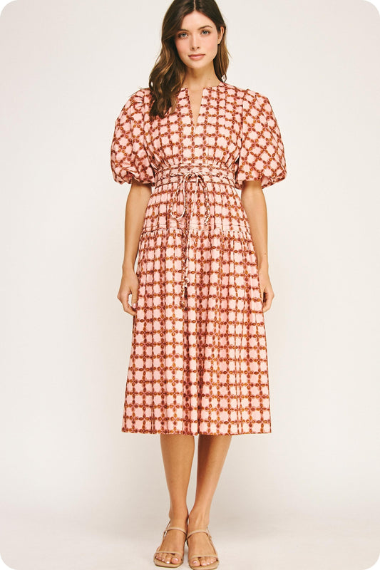 Chainlink Printed Puff Sleeve Midi Dress