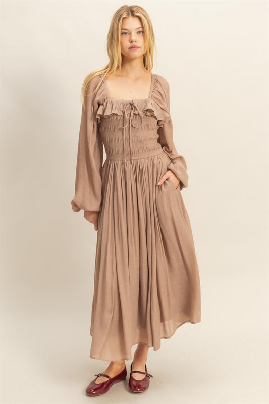 Charming Smocked Maxi Dress In Taupe