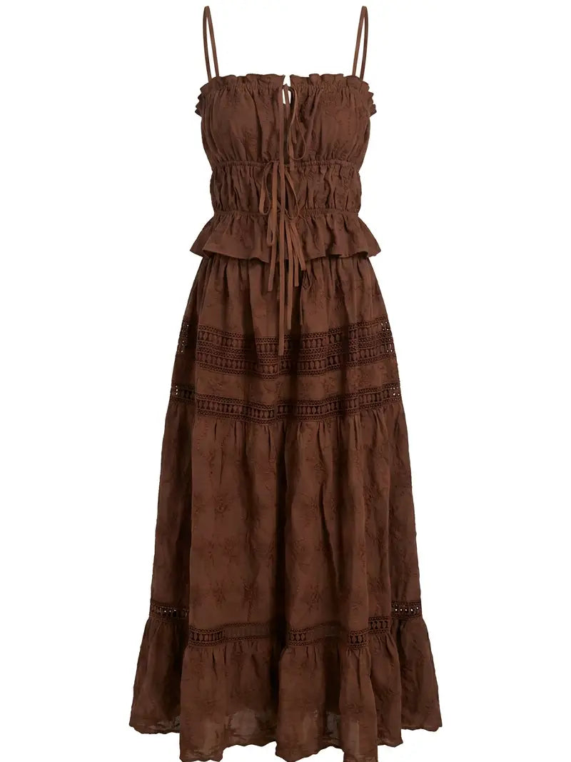 Embroidered Lace Crop Top & Maxi Skirt Set in Brown