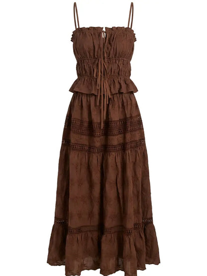 Embroidered Lace Crop Top & Maxi Skirt Set in Brown