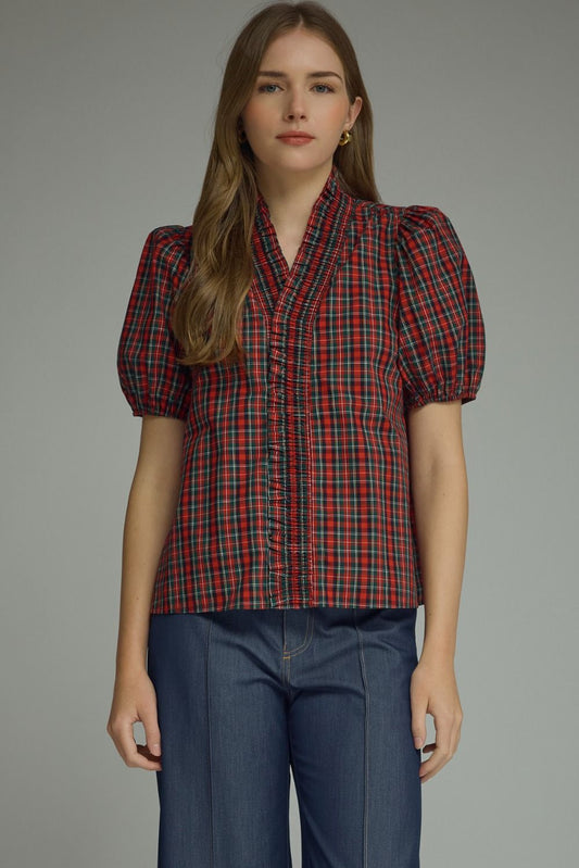 Classic Christmas Plaid Puff Sleeve Top