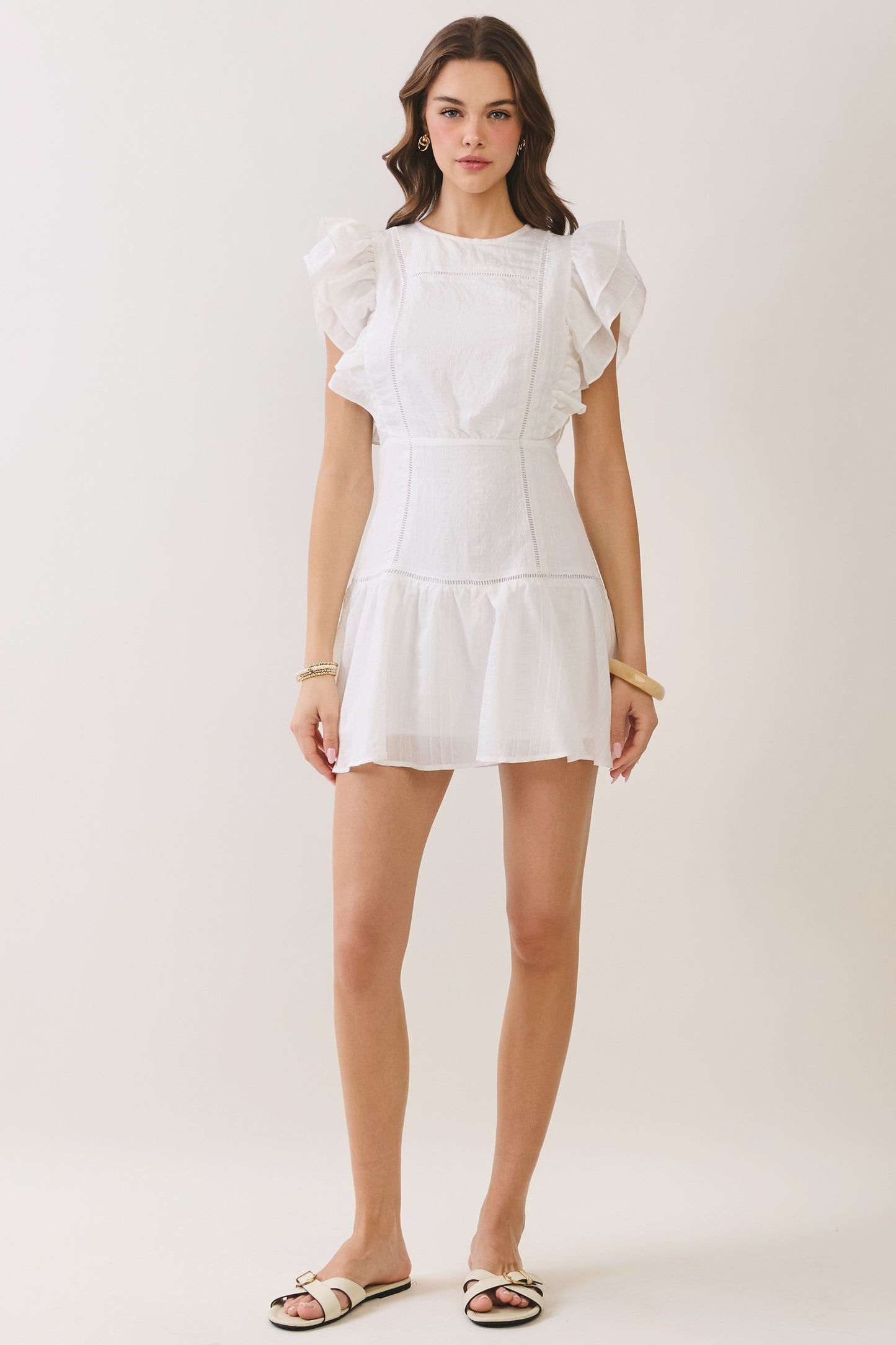 Classic Round Neck Ruffle Sleeve Mini Dress in White