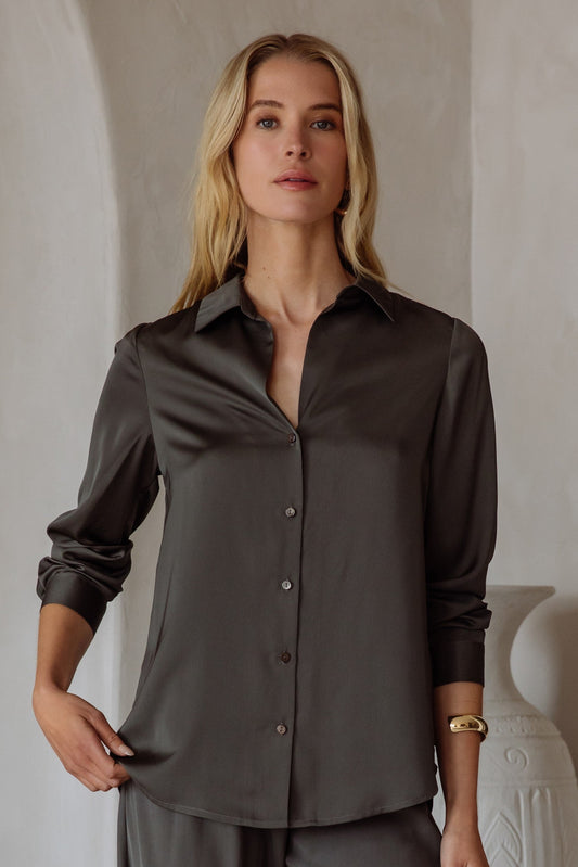 Classy Fit Button Down Blouse In Dark Olive