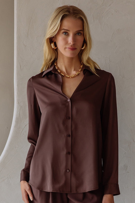 Classy Fit Button Down Blouse In Espresso