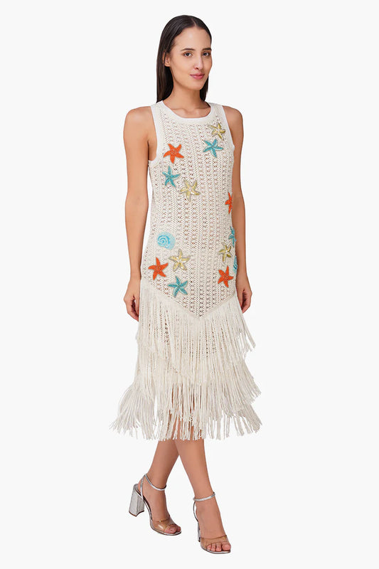 Coastal Patch Crochet Embellished Fringes Cover Up
