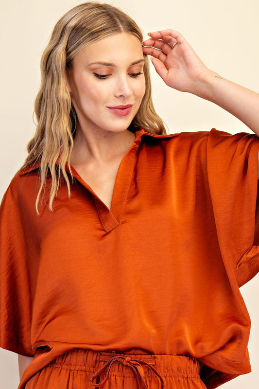 Collar V-Neck Oversized Top In Rust