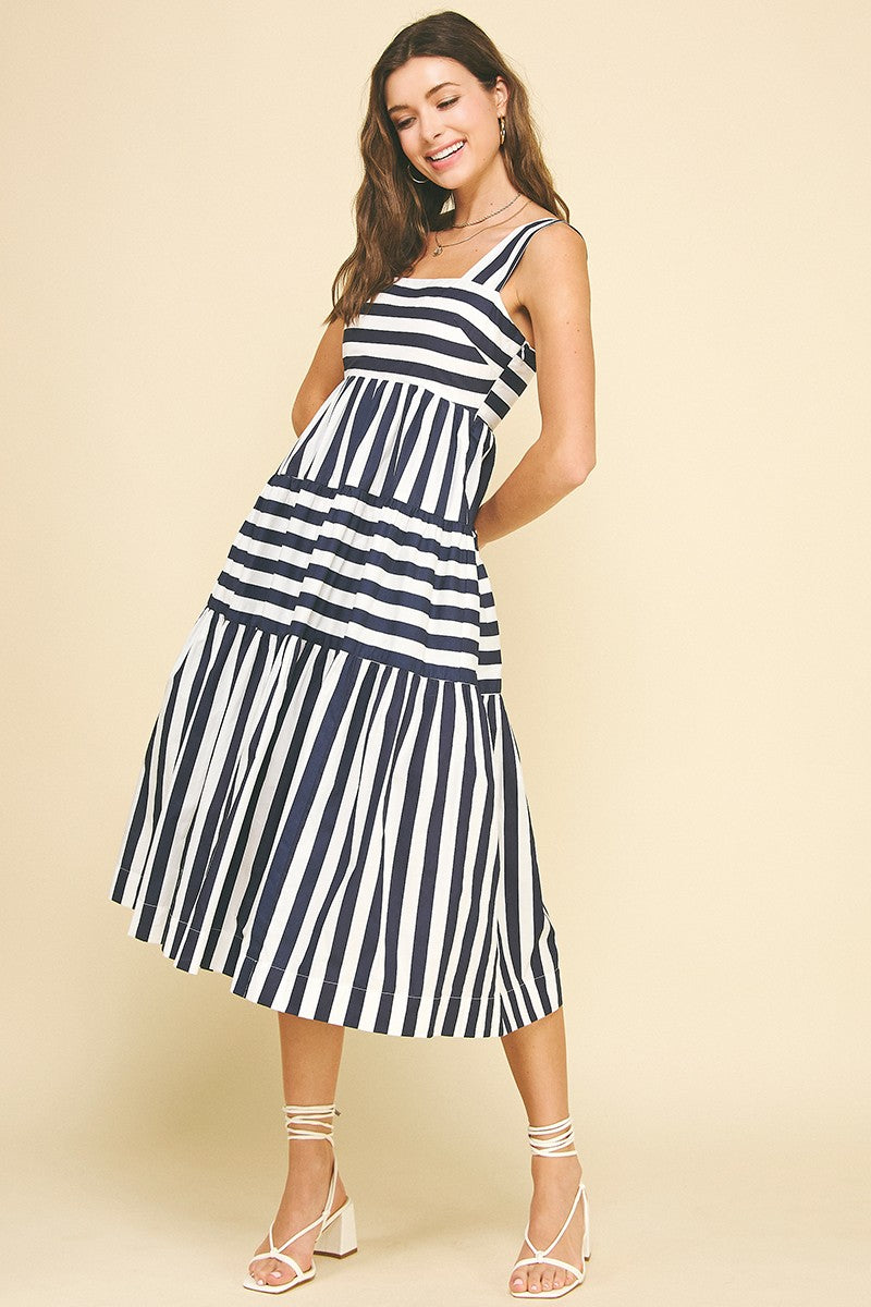 Contrast Stripe Tiered Midi Dress in Navy