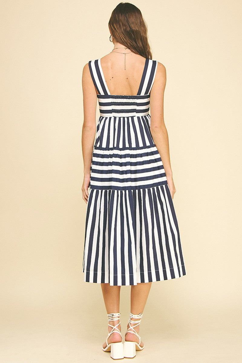 Contrast Stripe Tiered Midi Dress in Navy