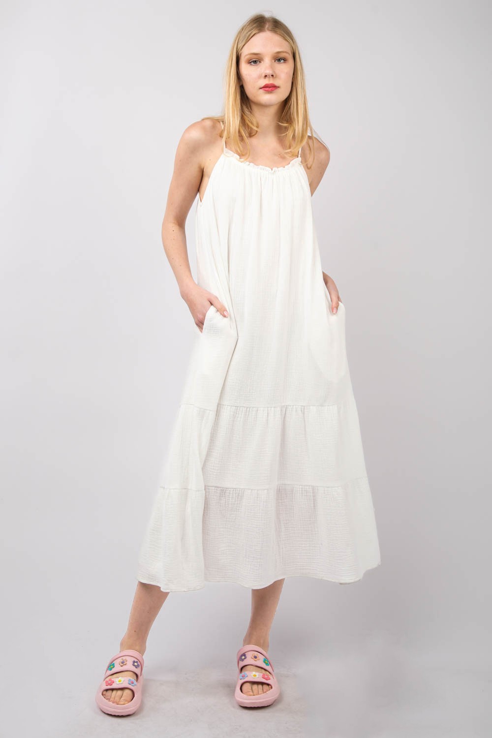 Cotton Gauze A-Line Midi Dress in White