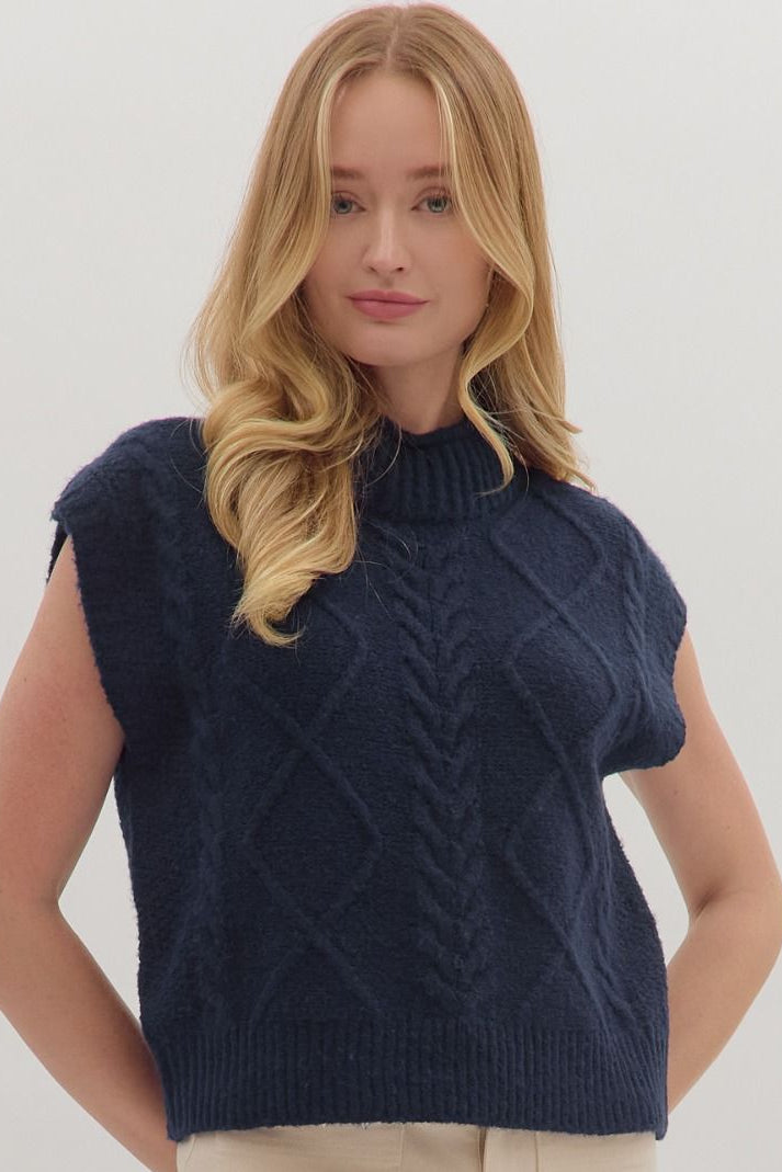 Cozy Mock Neck Sweater In Navy