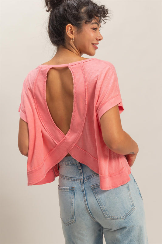 Cross Detail Open Back Top In Taffy Pink
