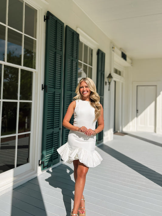 Flutter Ruffle Hem White Mini Dress