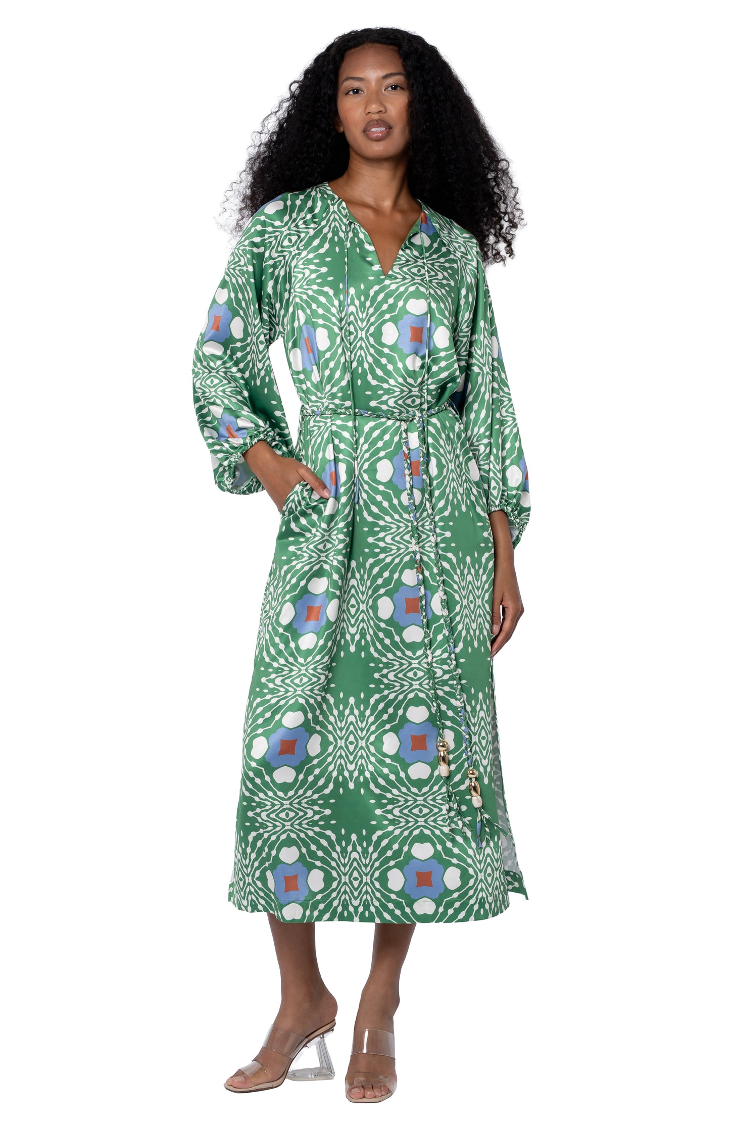 Geo Printed Midi Dress In Green