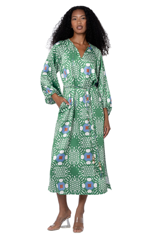 Geo Printed Midi Dress In Green