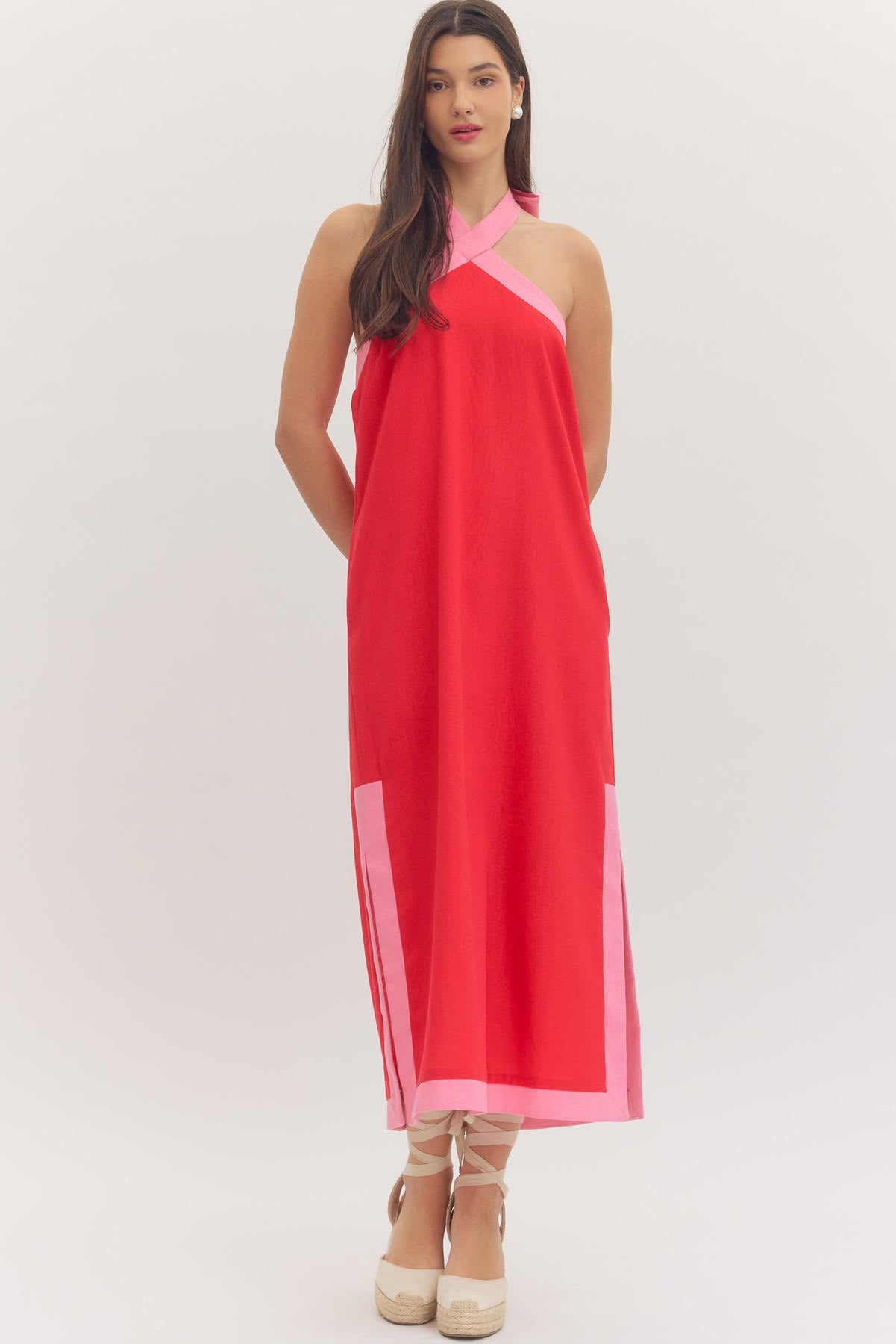 Tonal Halter Maxi Dress in Red