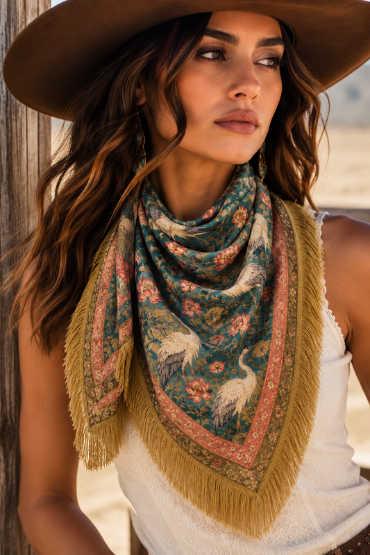 Fringe Scarf Heron and Lotus