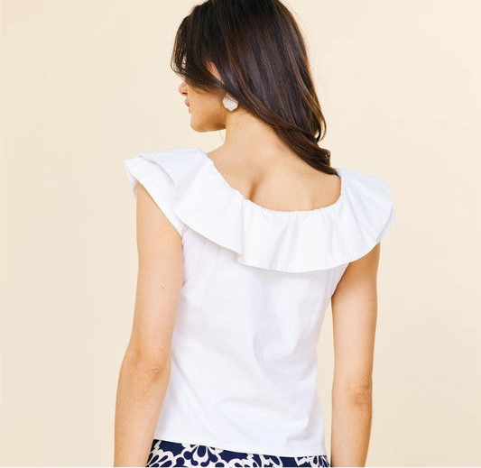 Off Shoulder Ruffle Knit Top In White